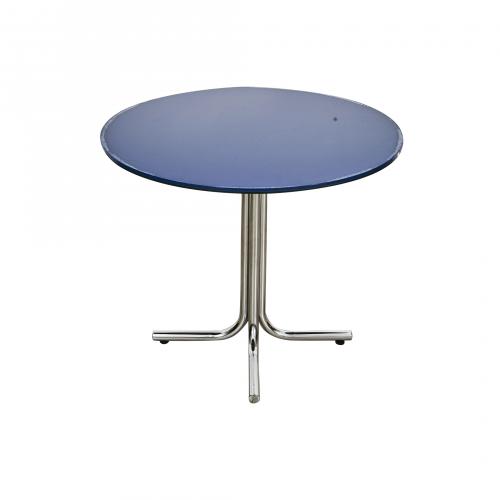Mesa circular con sobre de cristal azul y patas en acero cr