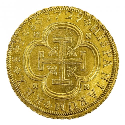 Moneda en oro 8 escudos. Felipe V. Sevilla, 1729. Bella. Mu