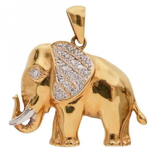 Colgante diseño elefante en oro bicolor con diamantes talla