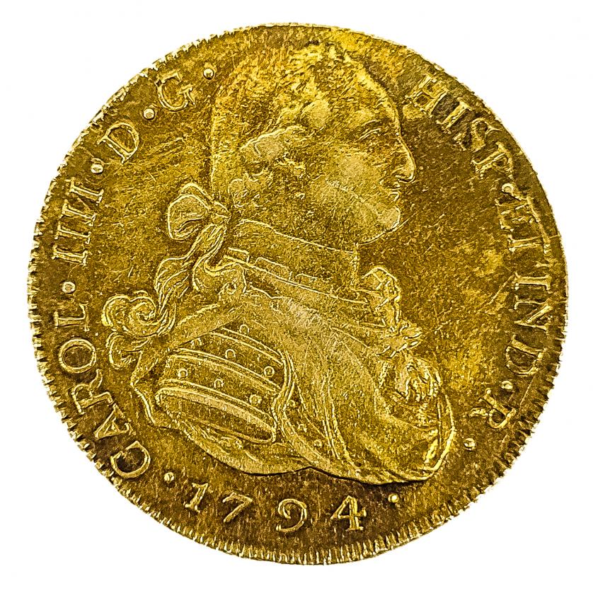 Moneda en oro 8 escudos. Carlos IV. Guatemala, 1794. Muy be