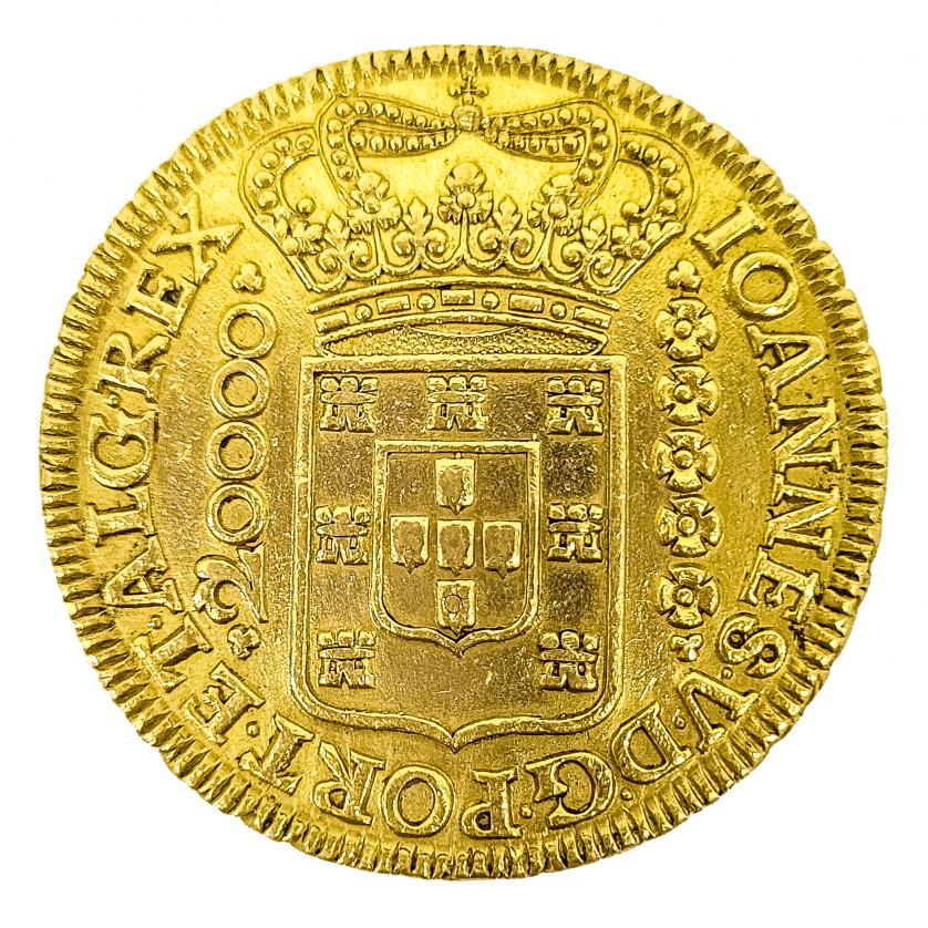 Moneda en oro 20.000 reales. Juan V. Minas Gerais, Brasil,1