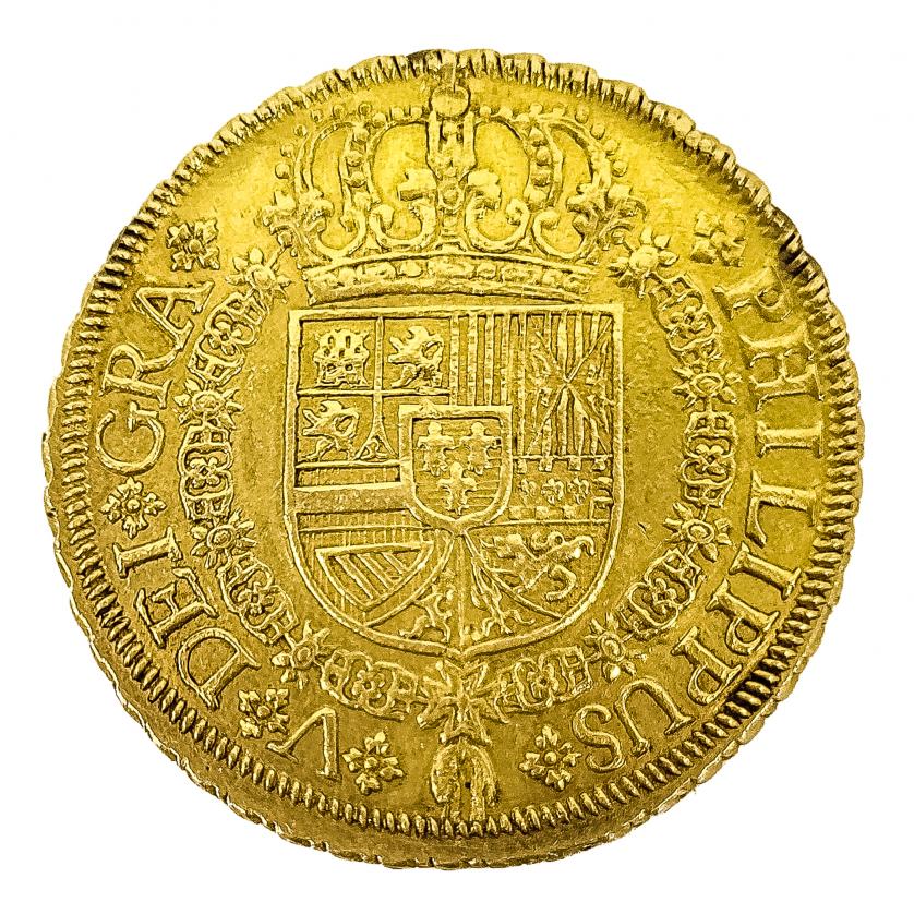 Moneda en oro 8 escudos. Felipe V. Sevilla, 1729. Bella. Mu